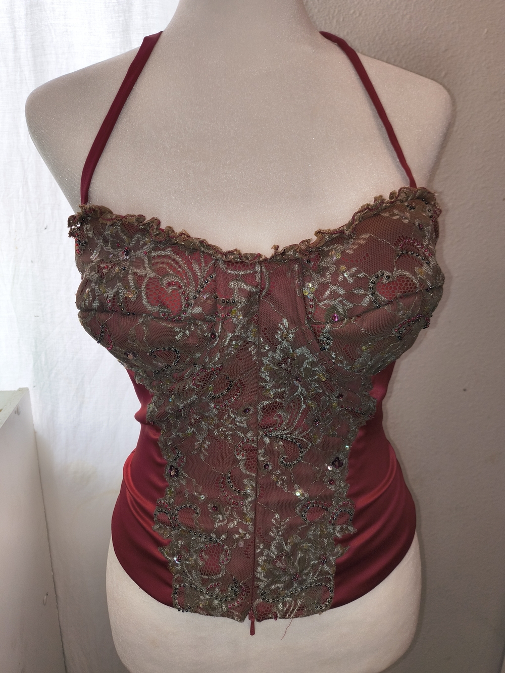 Satin Halter Bustier with Embroidered Overlay in Wine